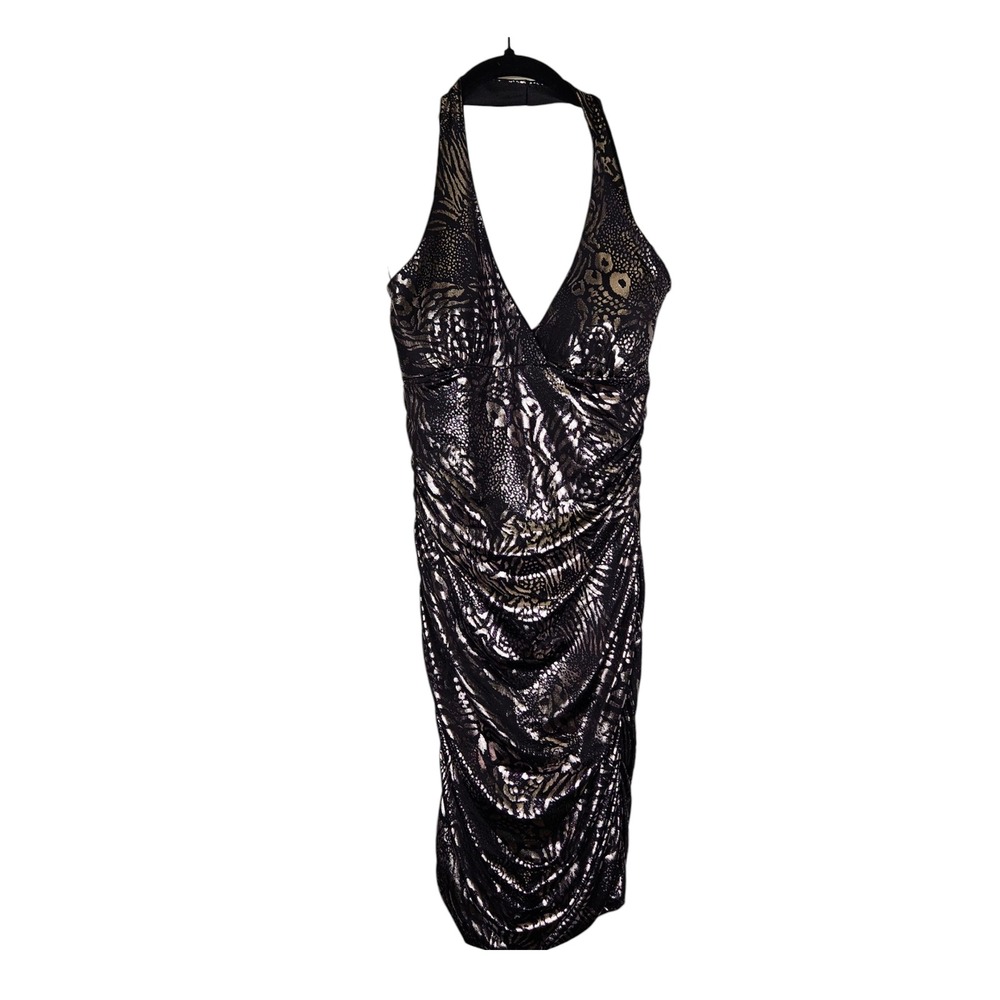 Taboo‎ Vintage Y2K Halter Dress Party Cocktail Ruched Bodycon Animal Mob Wife S